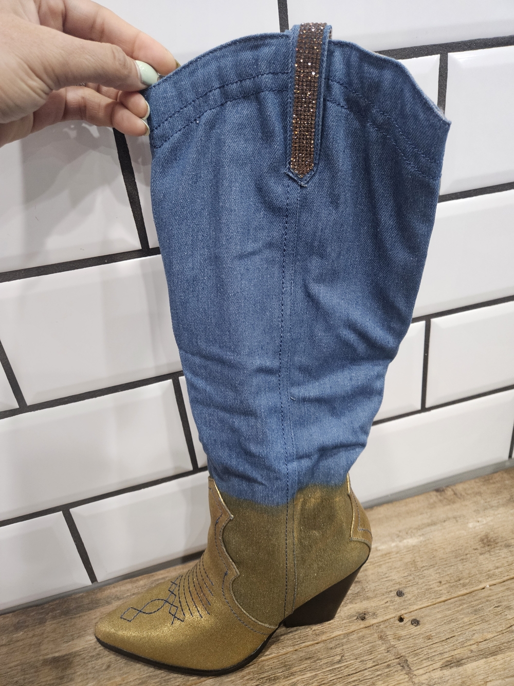 Cape Robbin Blue Denim Shaft with Gold-Tone Western Boot